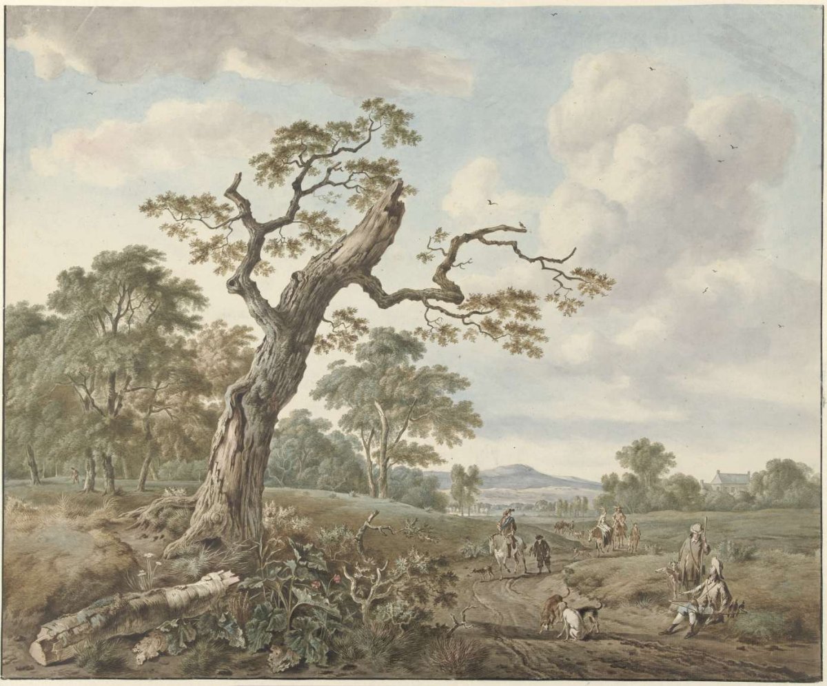 Landscape with hunting party on a country road, Gerard van Nijmegen, 1786