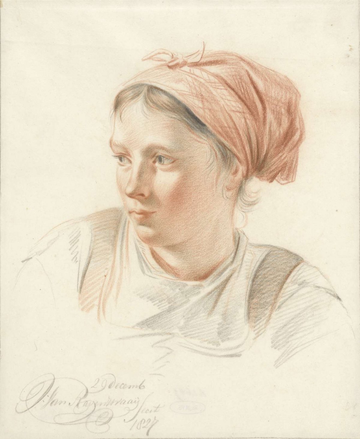 Portrait of young woman, three-quarters facing left, Jan van Ravenswaay, 1827