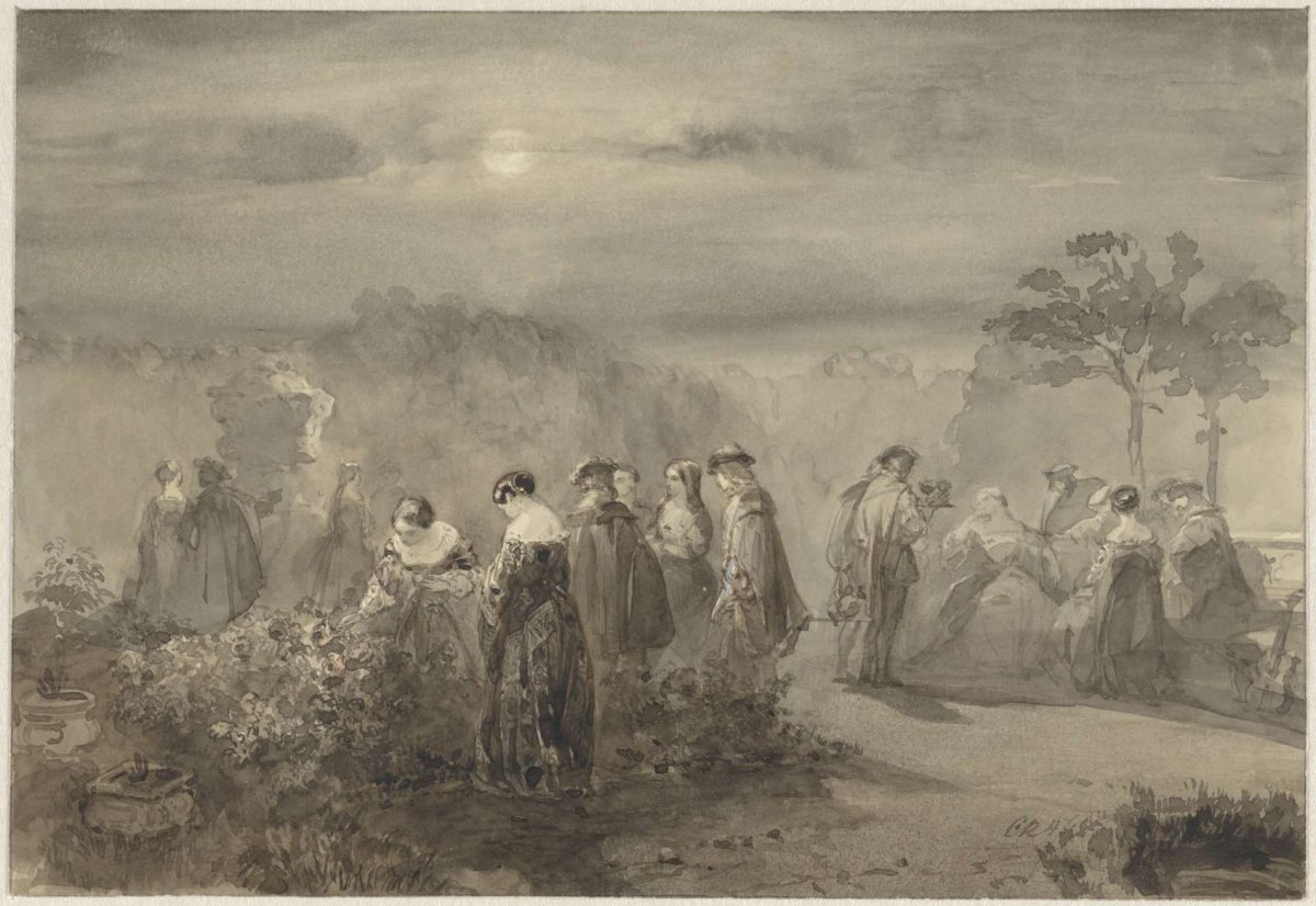 Company of ladies and gentlemen in a moonlit court with rose bushes, Charles Rochussen, 1847