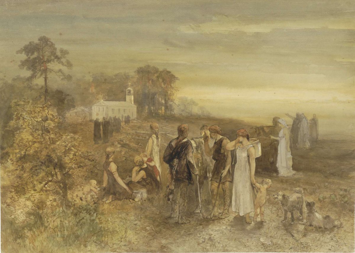 Monks make their way to a church, watched by a group of Germanics, Charles Rochussen, 1871