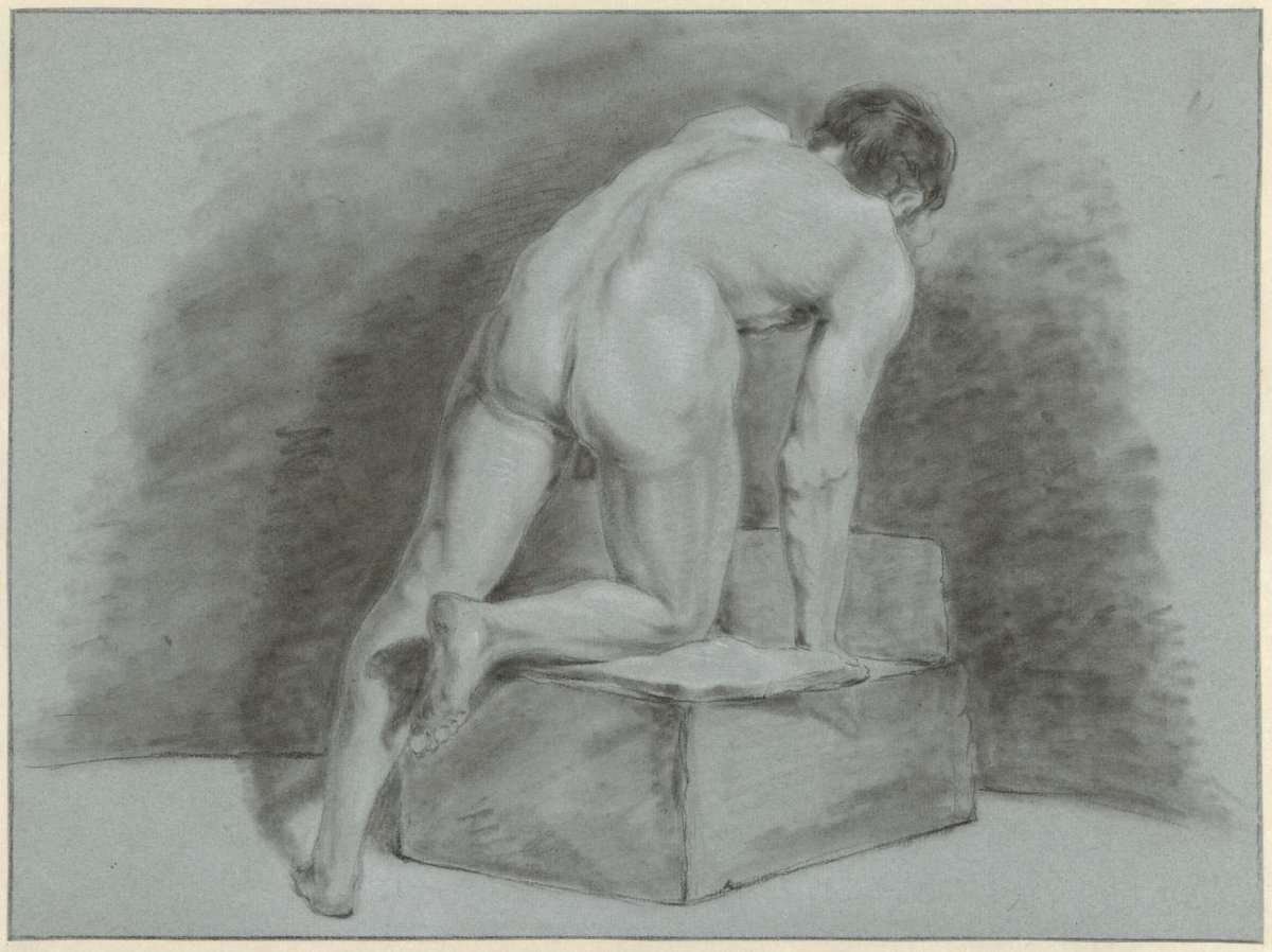 Male nude, hunched over, seen from the back, Aert Schouman, 1720 - 1792