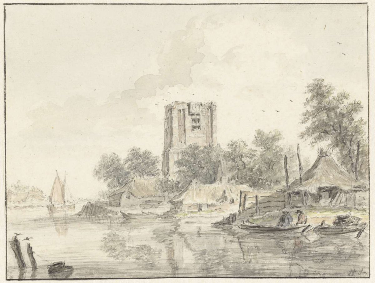 River landscape with a large stubby church tower, Hendrik Spilman, 1733 - 1784