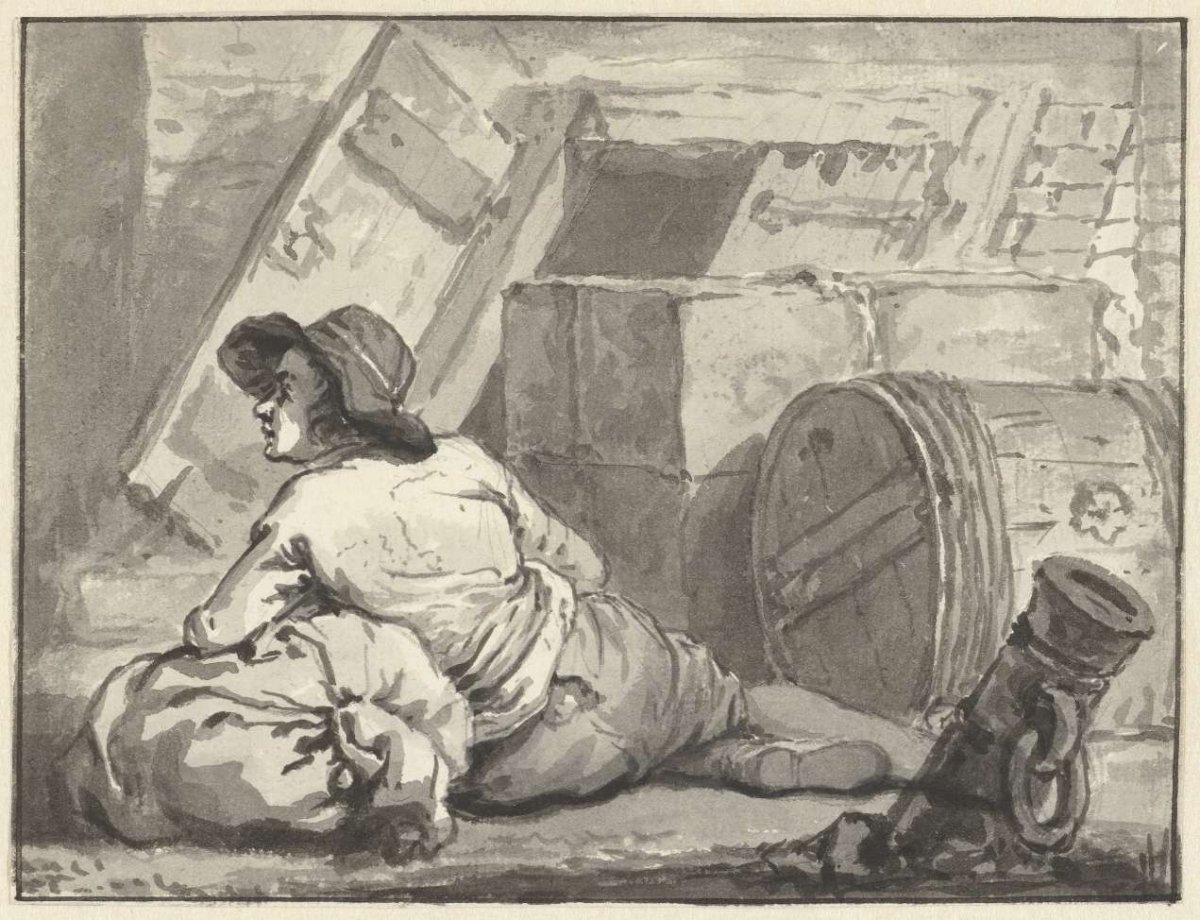 Reclining man, leaning on a sack, Abraham van Strij (I), 1787