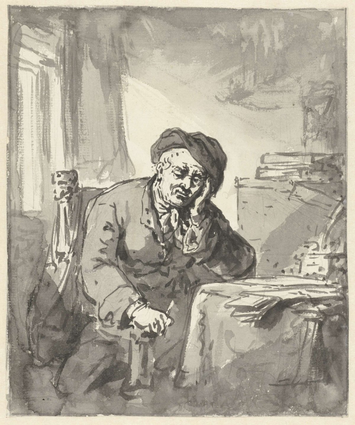 Man seated at table, head resting on left arm, Abraham van Strij (I), 1763 - 1826