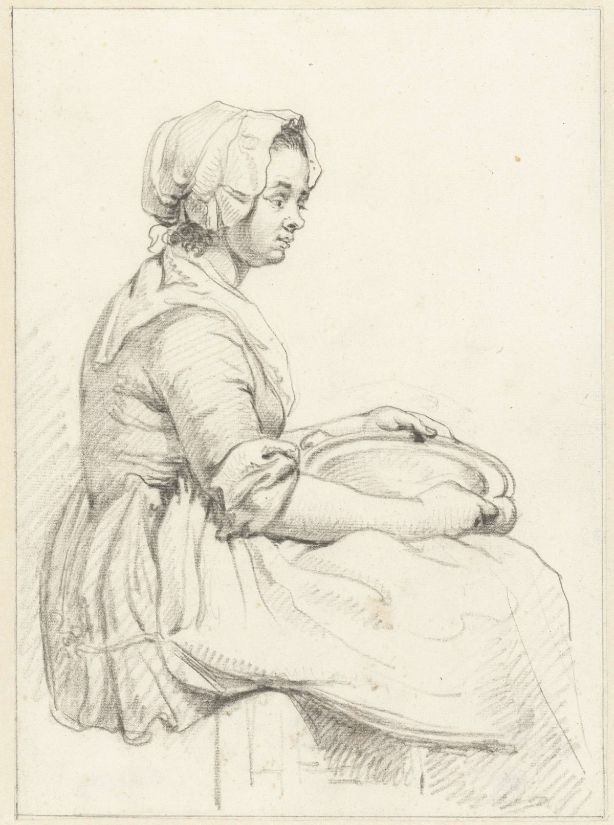 Seated woman with a dish on her lap, to the right, Abraham van Strij (I), 1763 - 1826