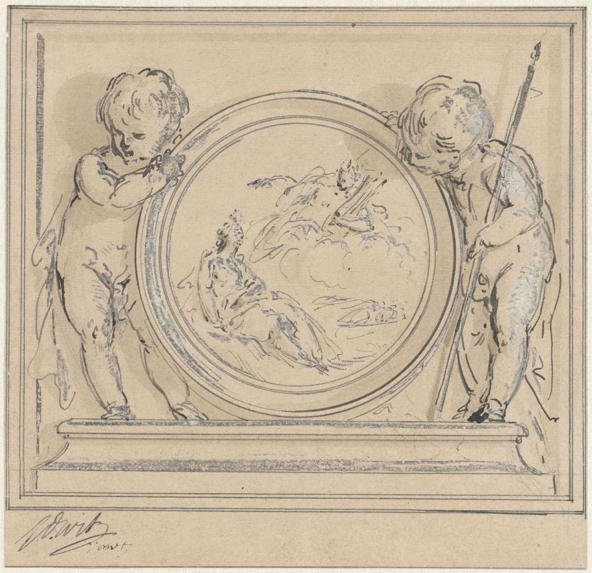 Two putti with medallion showing Apollo's appearance to muse, Jacob de Wit, 1744
