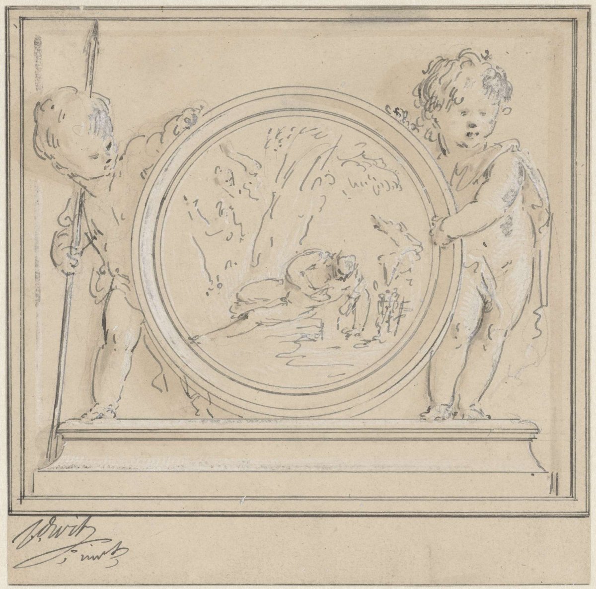 Two putti with medallion, containing Narcissus and Echo, Jacob de Wit, 1744