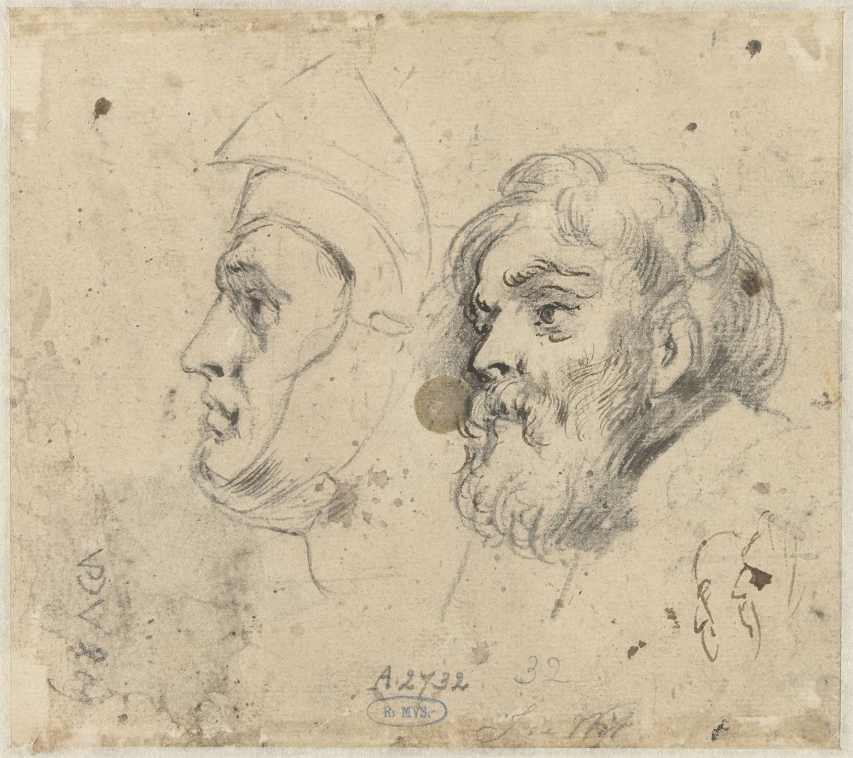 Study sheet with two heads, Jacob de Wit, 1705 - 1754
