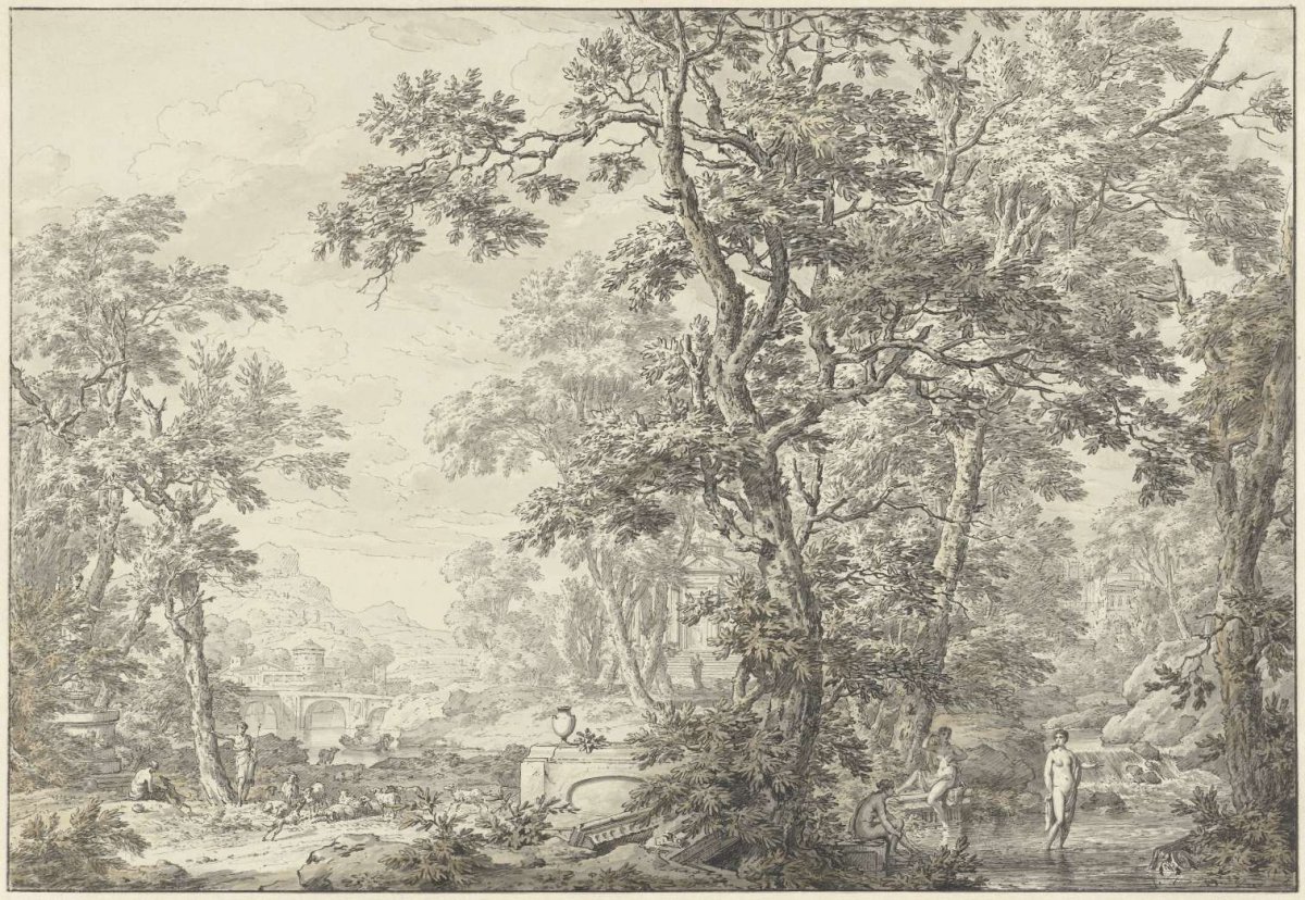 Arcadian landscape with shepherd and bathing women, Jean Grandjean, 1778