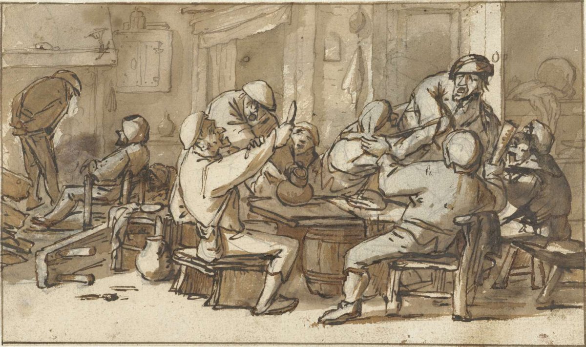 Interior of an inn with drinking and squabbling peasants, Adriaen van Ostade, 1620 - 1685