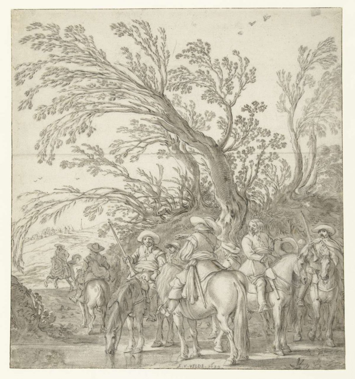 Bushmen or soldiers at a watering hole, Esaias van de Velde, 1630