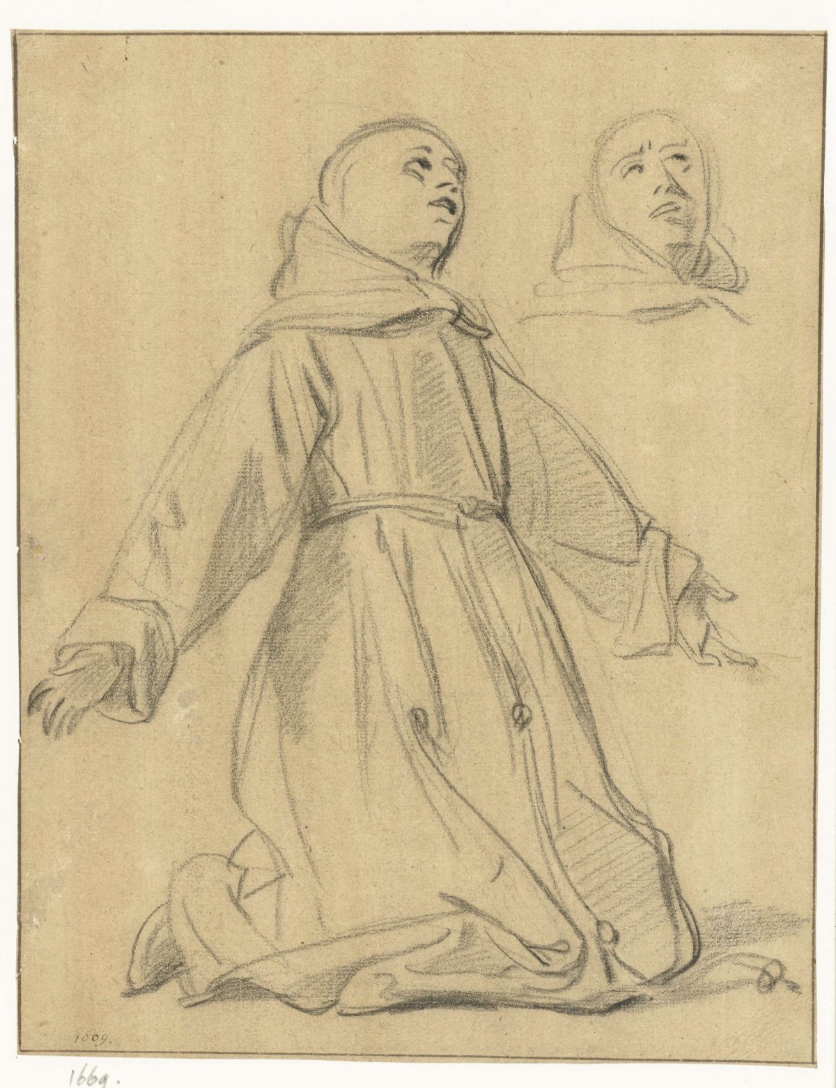 Study of a Kneeling Monk in Extasy, with Alternative Study of his Head, Jan de Bray, 1669