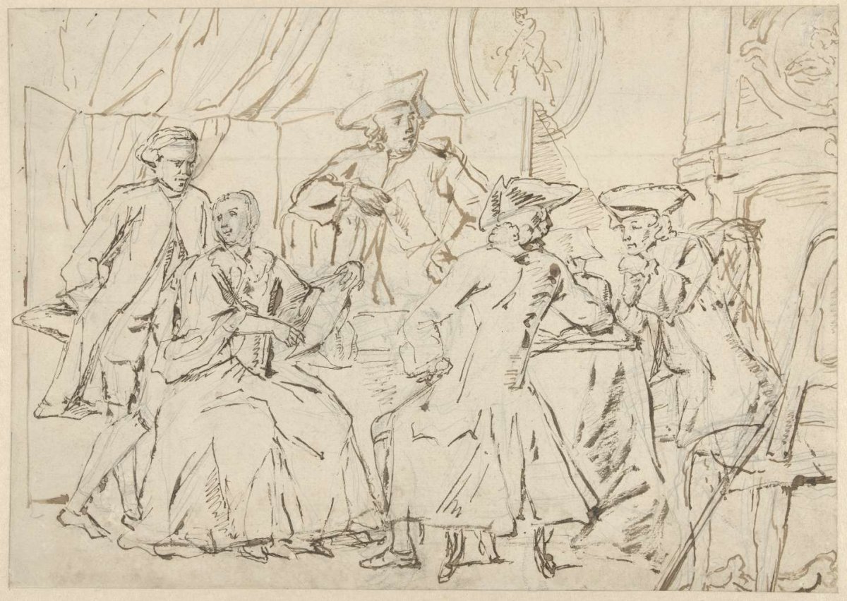 Four gentlemen and a lady around a table in a room, busy with papers, anonymous, 1700 - 1800