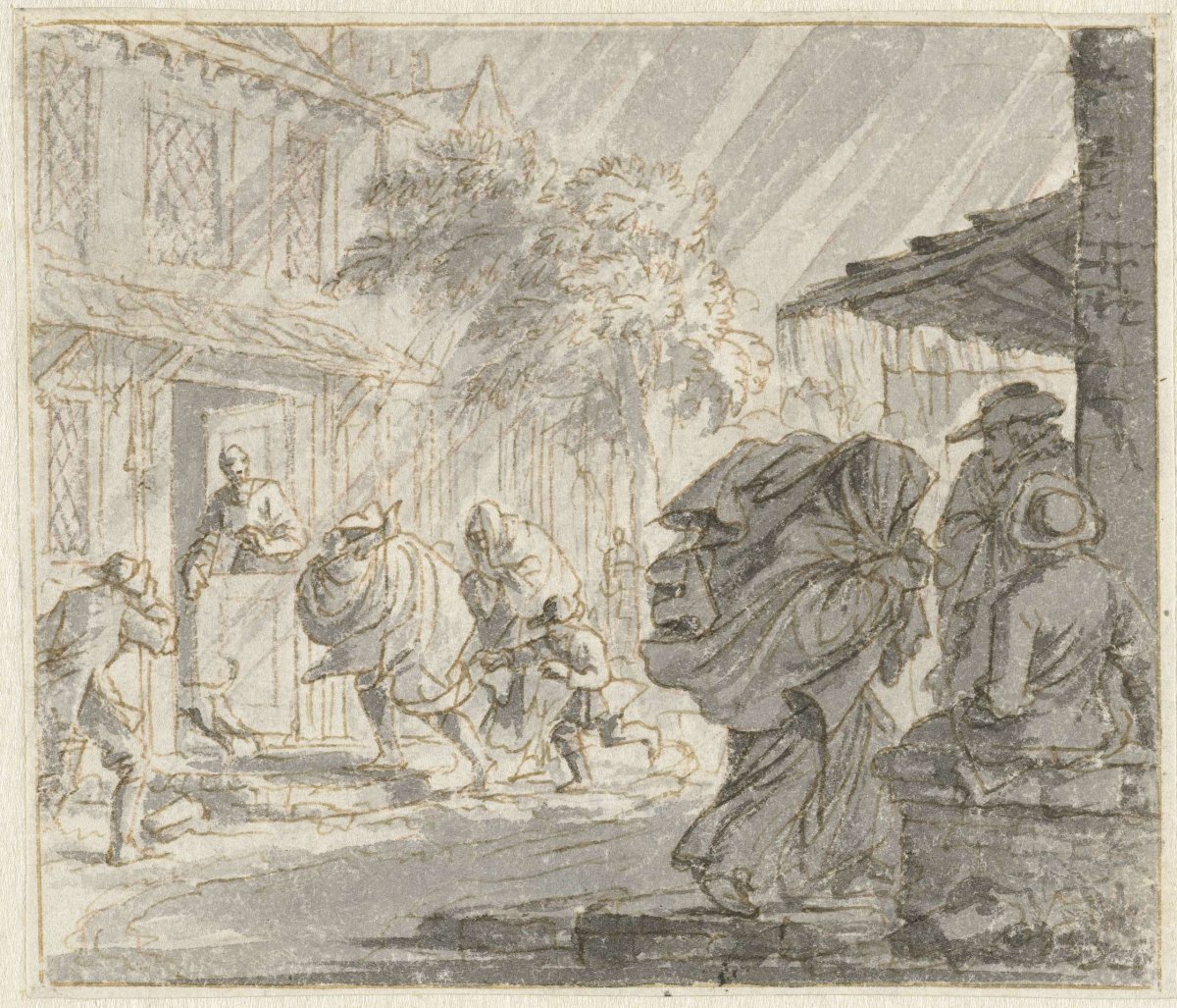 Street scene with heavy wind and rain, Jan Luyken, 1698 - 1700