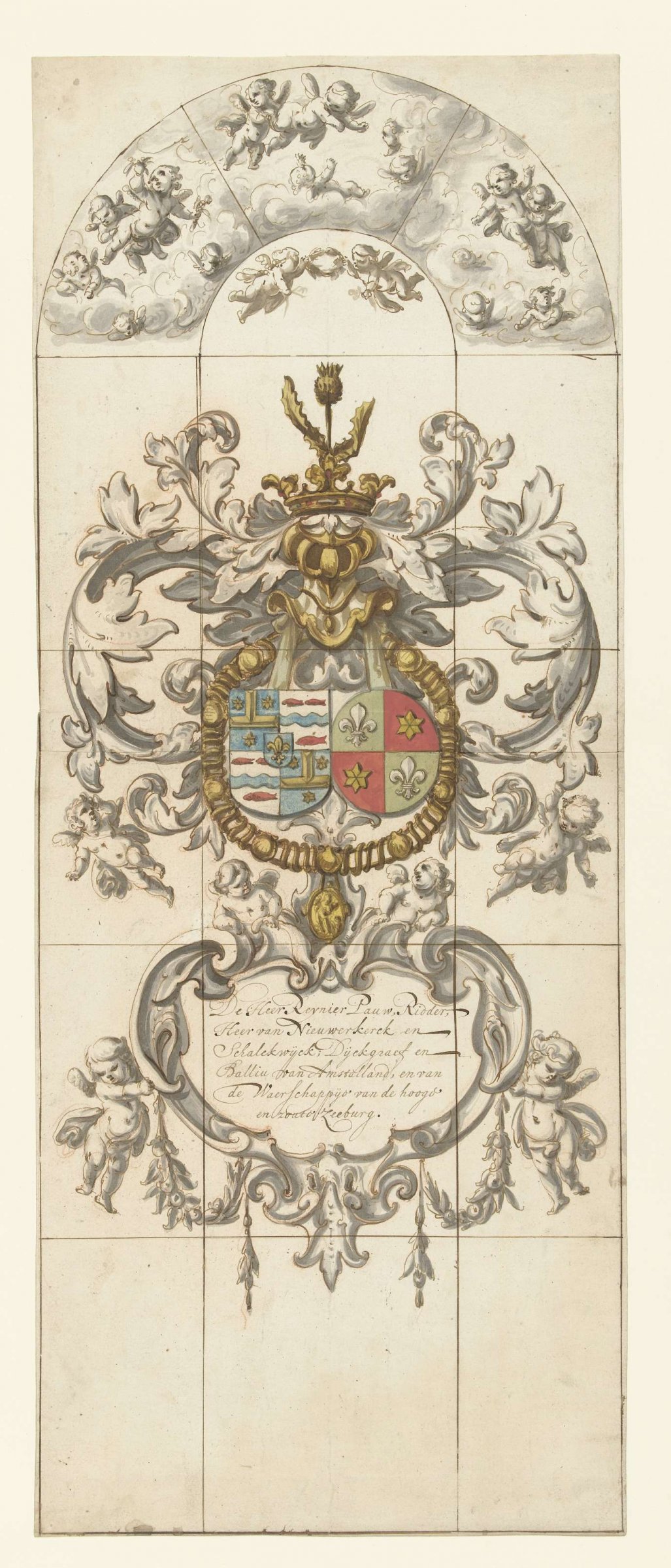 Design for stained glass window 13 donated by Reinier Pauw, dike grave and bailiff of the Amstelland Water Board, Pieter Jansz, 1665 - 1667