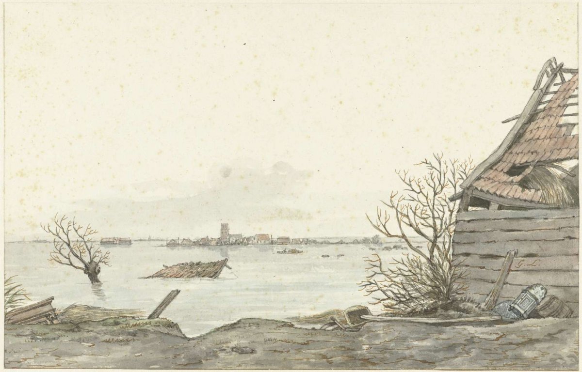 View of flooded Ransdorp, February 1825, Gerrit Lamberts, 1825