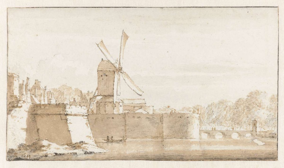View of Rembrandt's mill, the ramparts near the Morspoort and the Pelican Bulwark, Jan de Bisschop, 1649