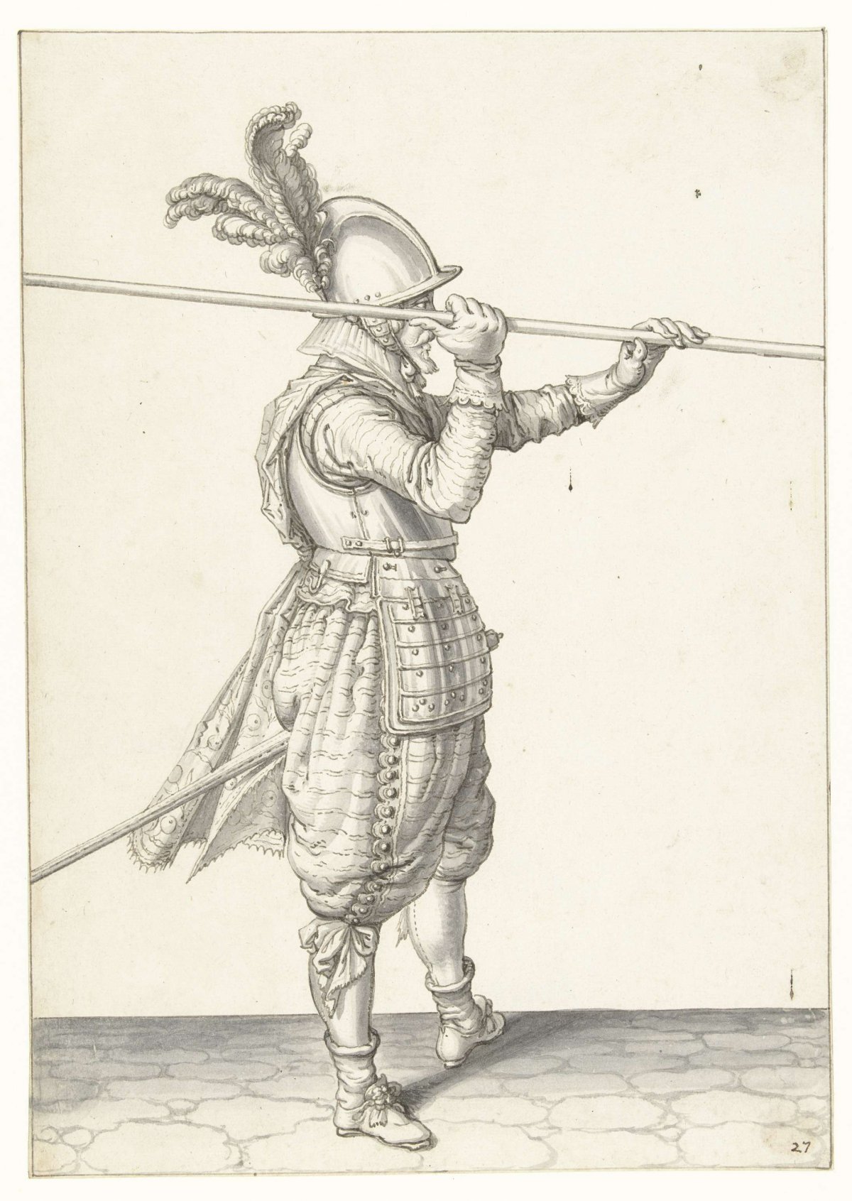 Soldier lifting his spear with both hands horizontally above his right shoulder, Jacques de Gheyn (II), 1596 - 1606