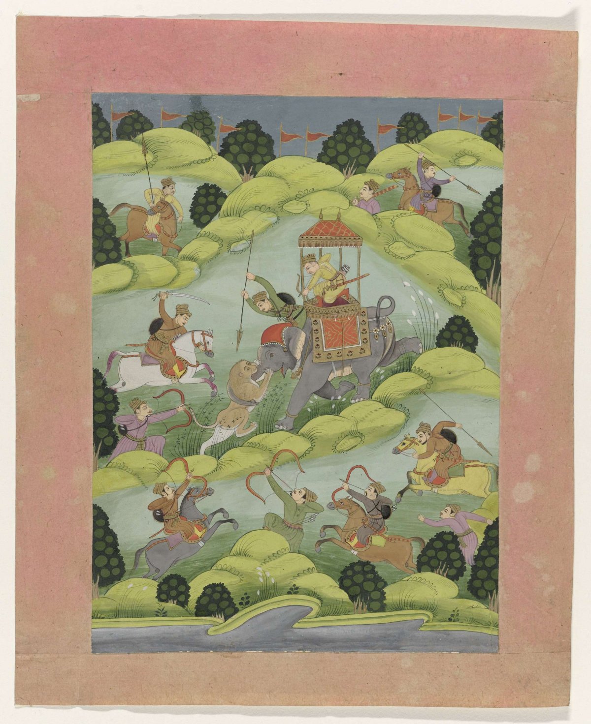 Rajput prince on lion hunt, anonymous, 1675 - 1699