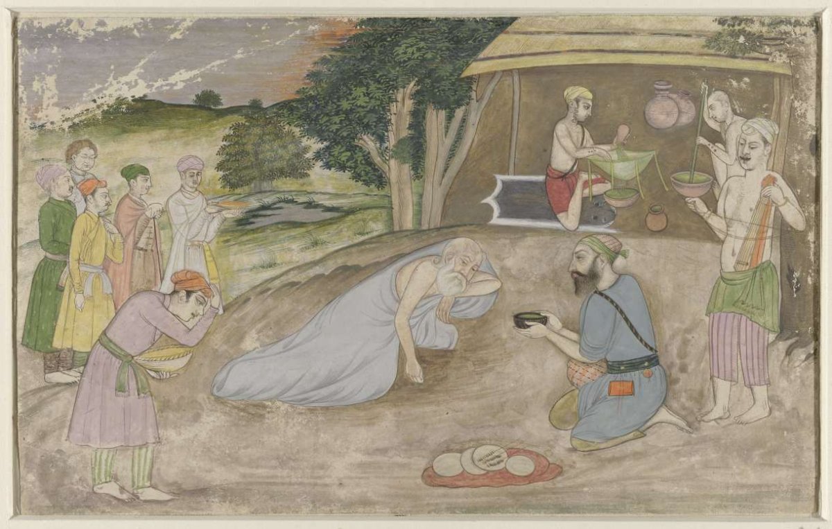 Ancient Indo-Muslim saint in his hermitage, surrounded by people with gifts, anonymous, 1675 - 1699