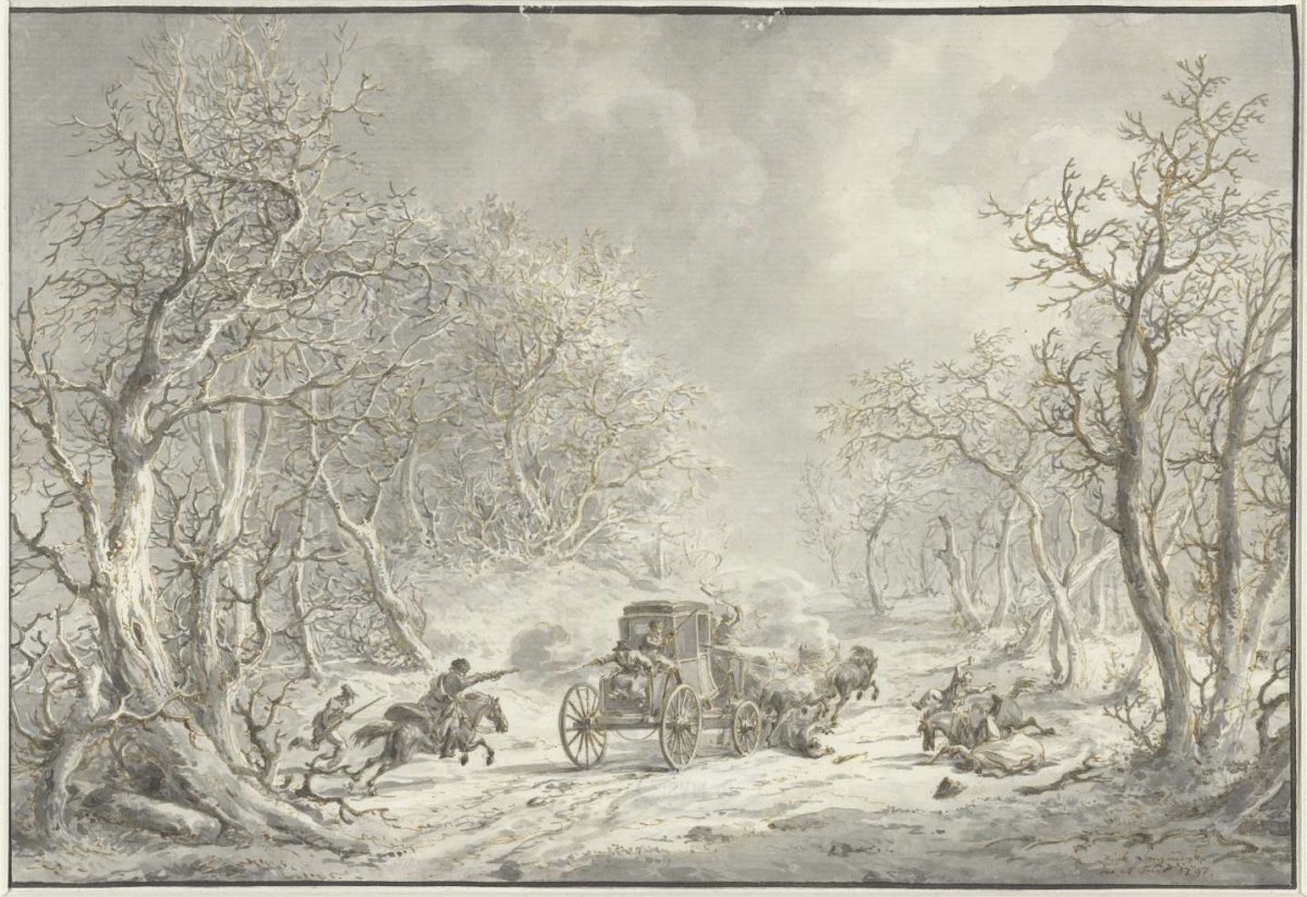 Robbery of a touring car by highwaymen, Dirk Langendijk, 1797