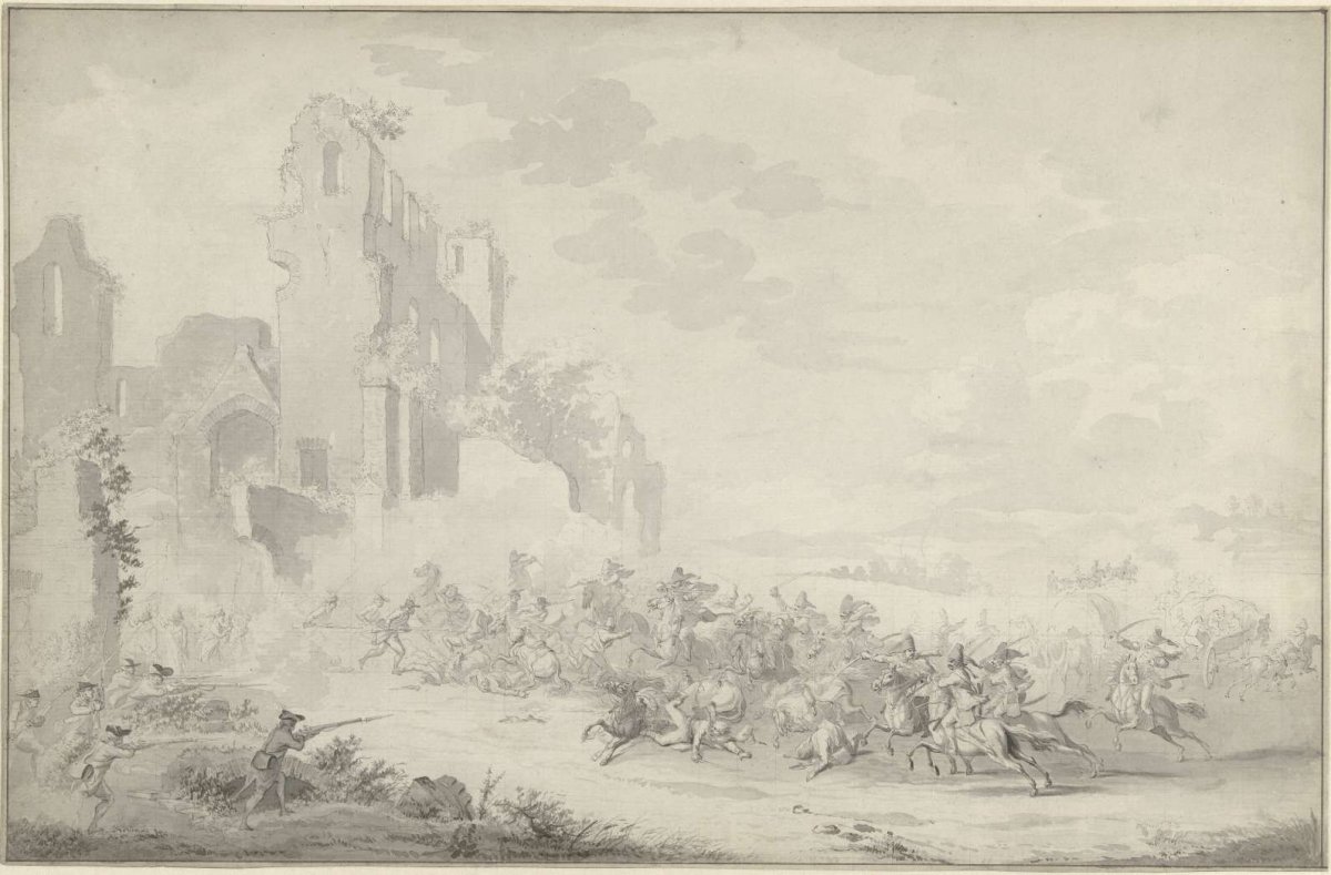 Fight between cavalry and foot soldiers, Dirk Langendijk, 1780