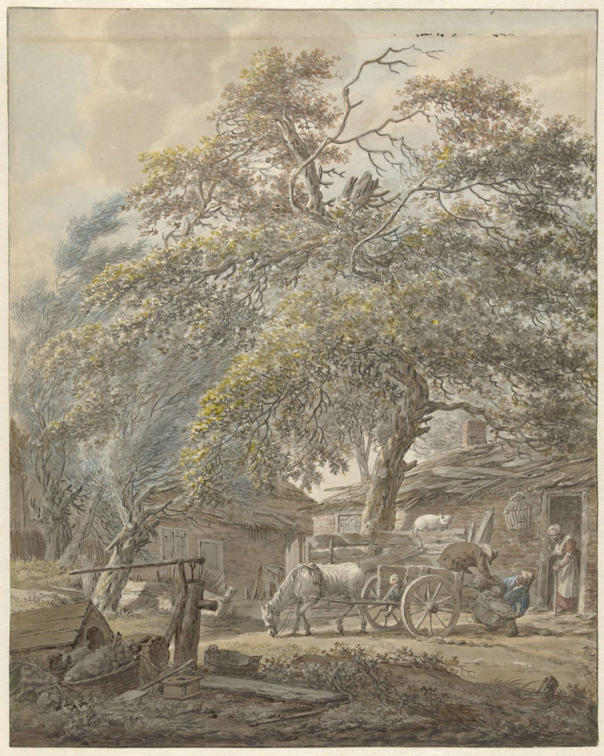 Farmyard with two men loading a cradle onto a horse-drawn cart, Vincent Jansz. van der Vinne, 1746 - 1811