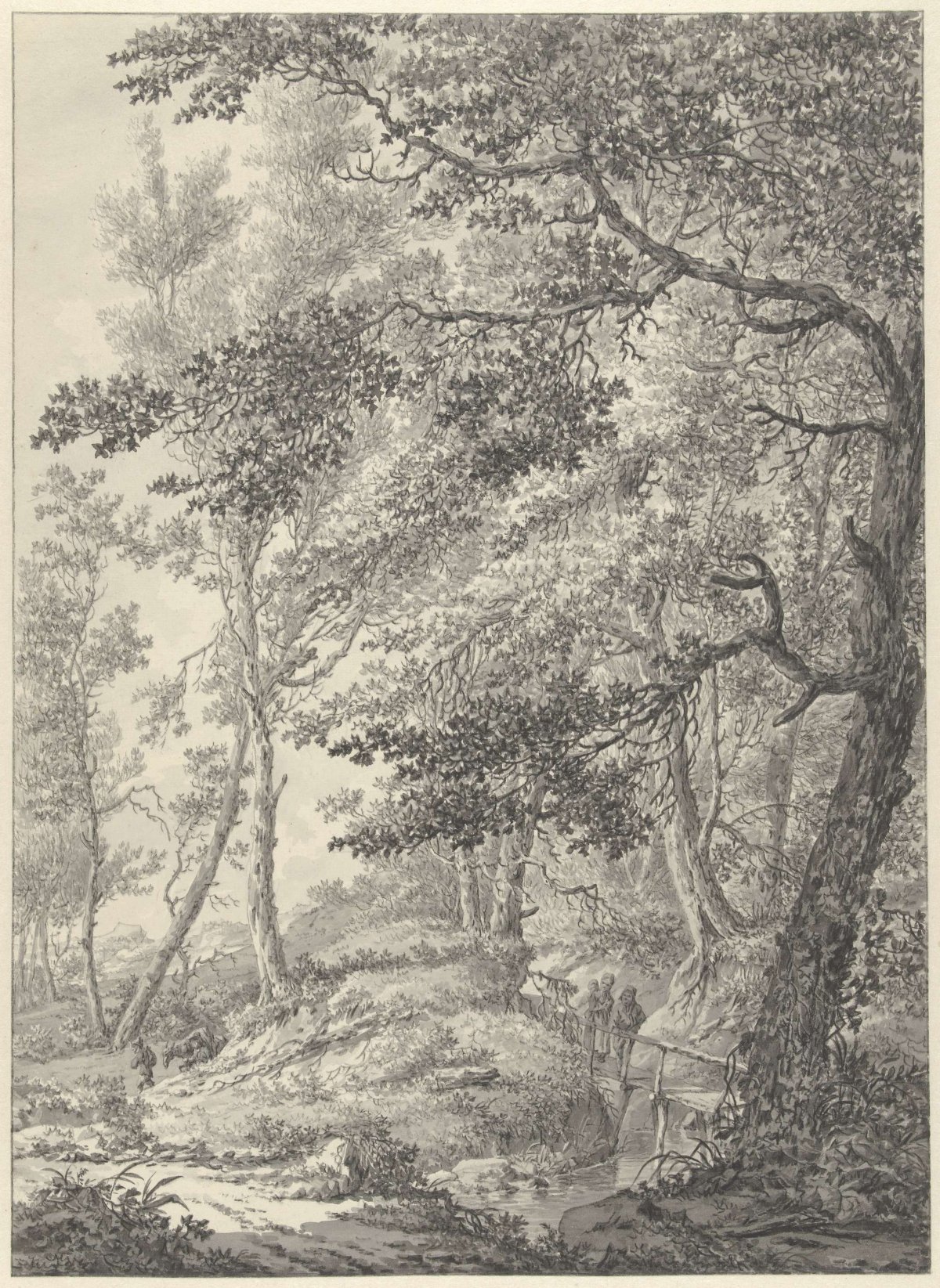 Forest landscape with a wooden bridge and two hikers, Vincent Jansz. van der Vinne, 1746 - 1811