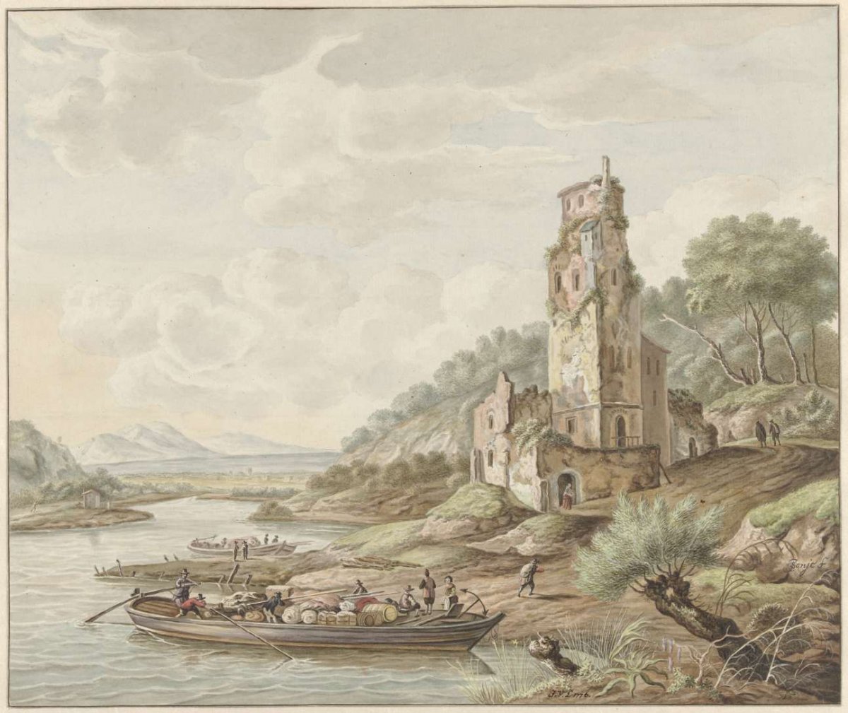 Landscape with barge with merchandise near a castle, Jan van Lockhorst, 1776