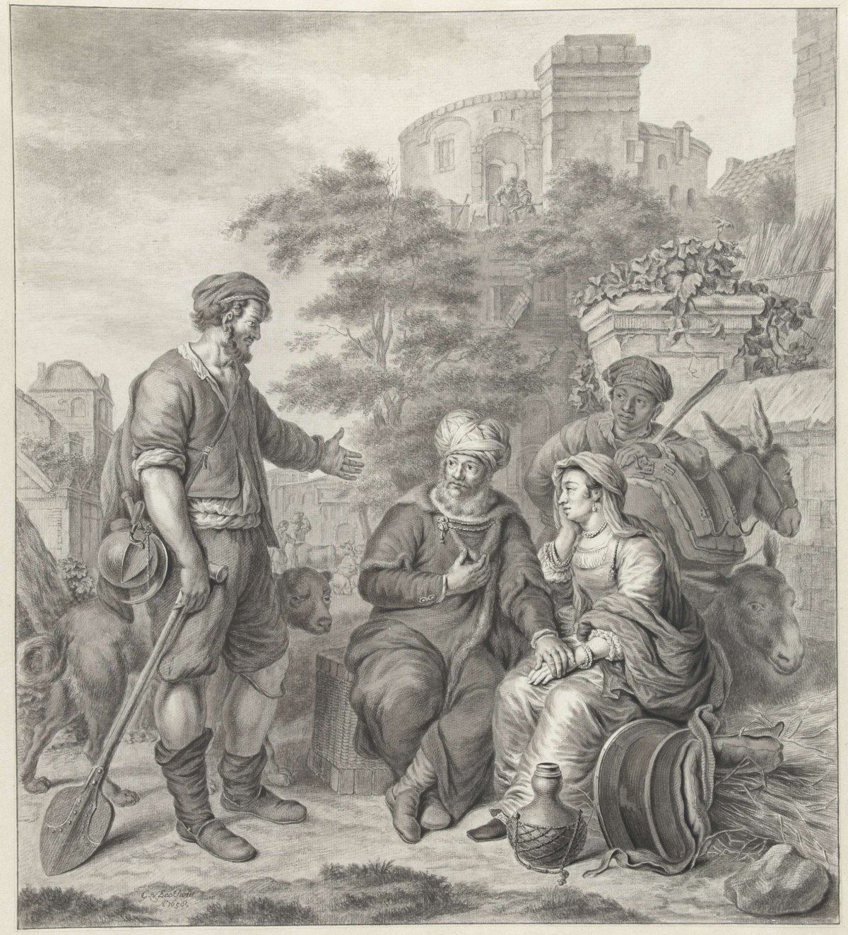 The Levite with his concubine is offered lodging in Gibea, Abraham Delfos, 1779