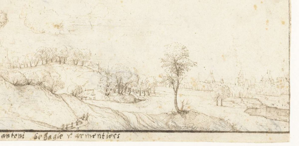 Hilly landscape with church by river, Antoni Behagle, 1550 - 1570