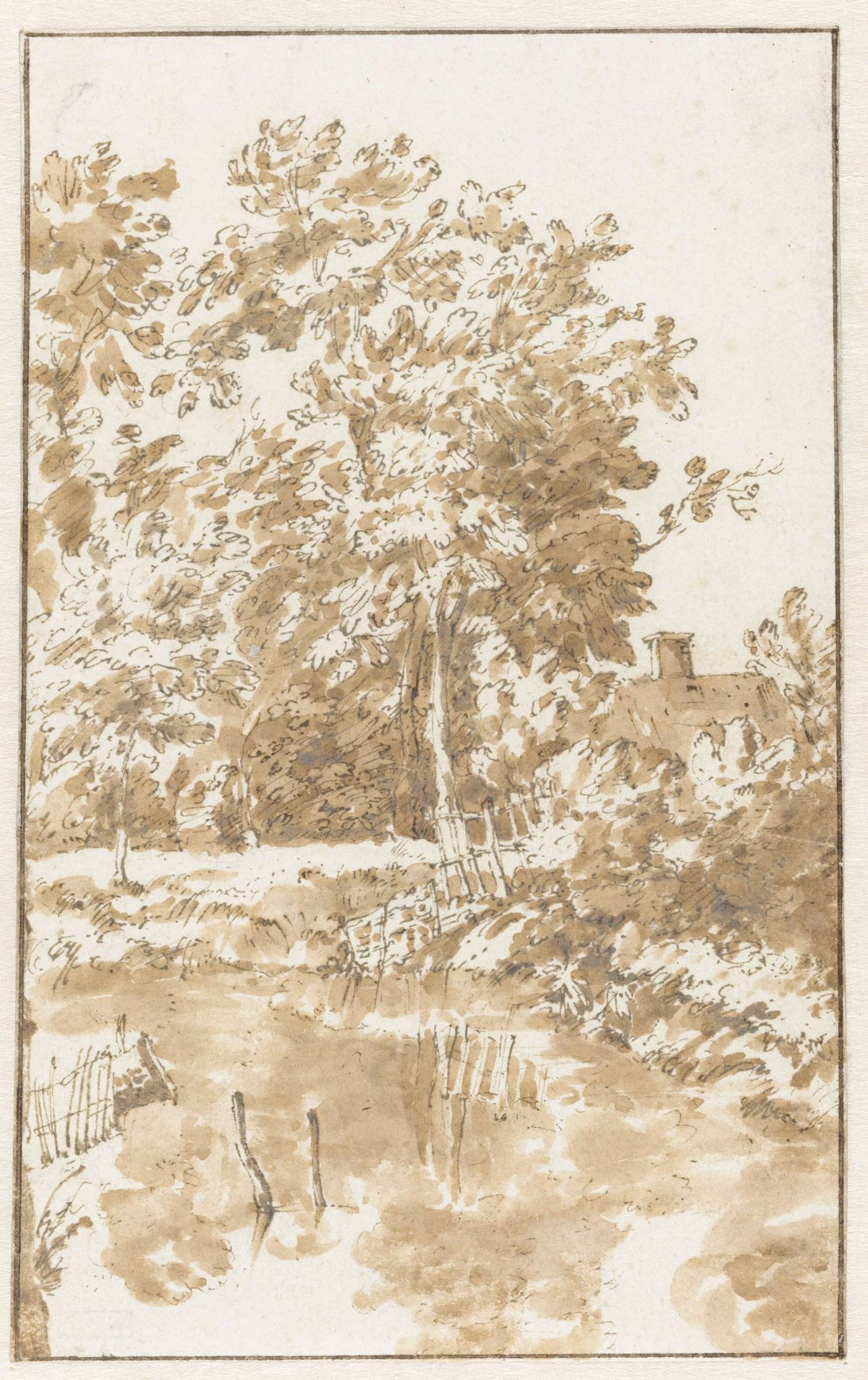 Bank of a water, with trees and a house, Jan de Bisschop, 1648 - 1671