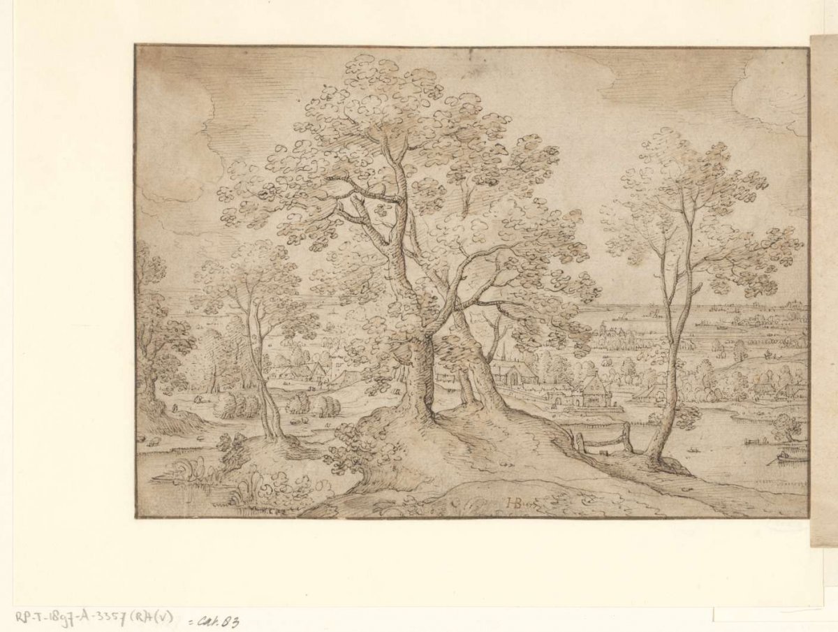 View of a river flowing past a village, Hans Bol, 1579