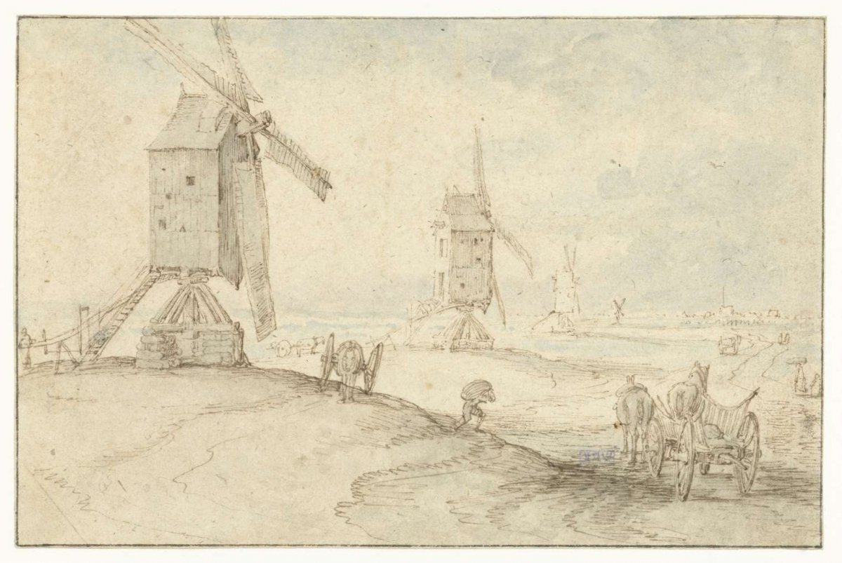 Four mills along a road, anonymous, 1600 - 1700