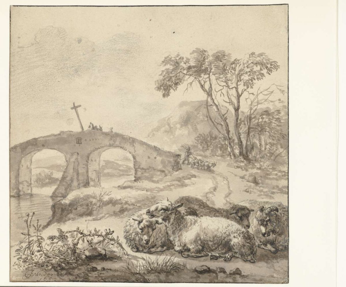 Landscape with Recumbent Sheep and a Stone Bridge, Jacob van der Does (I), 1652