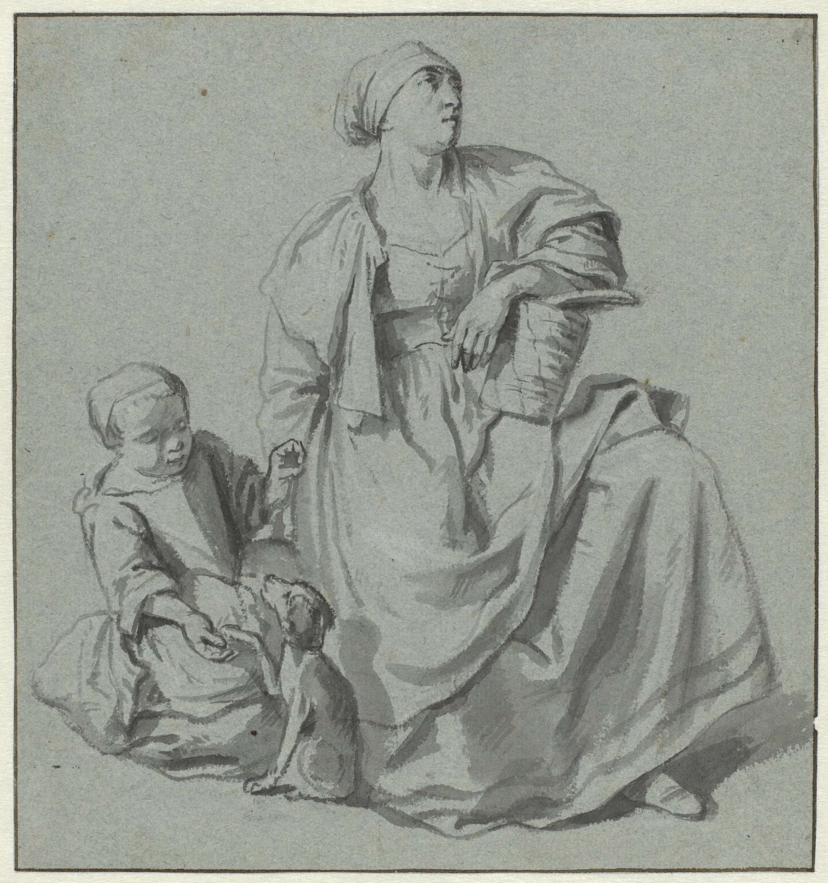 Seated woman, a girl and a dog, Cornelis Pietersz. Bega, 1641 - 1664
