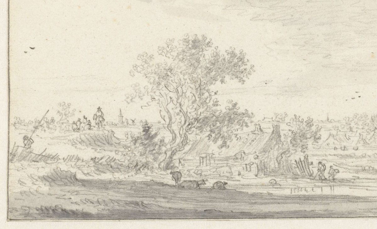 View of a dike over landscape with farmhouses, Jan van Goyen, 1652