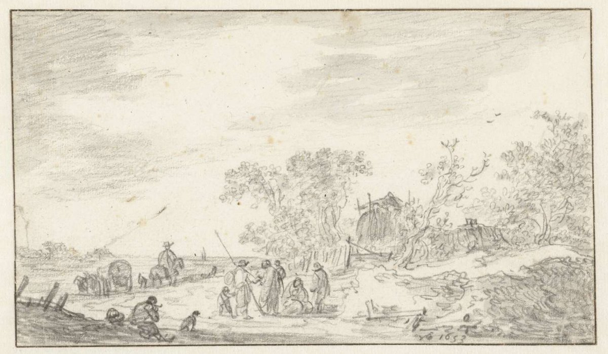Group of figures along a road, Jan van Goyen, 1653