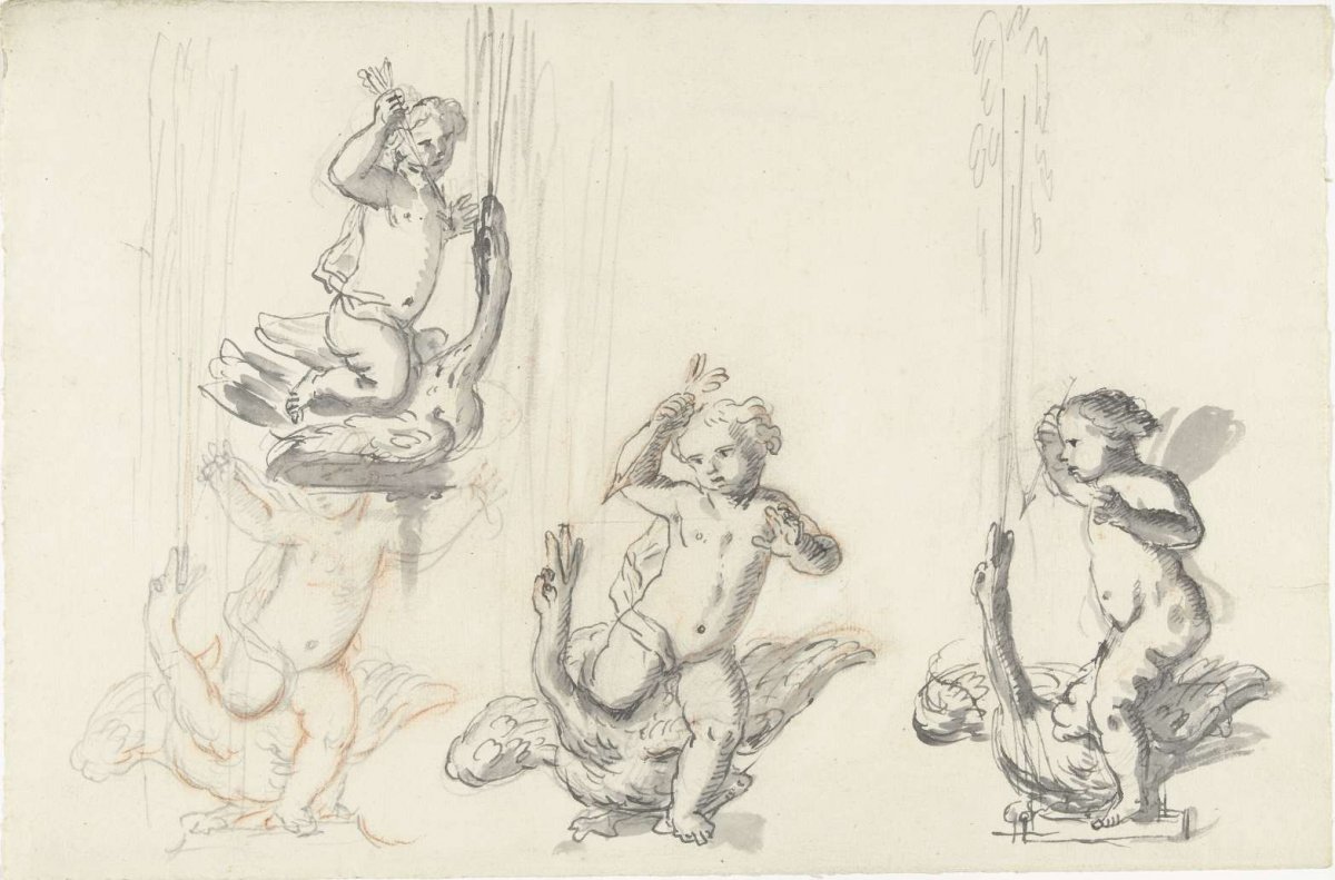 Four designs for a fountain: Cupid with swan, Daniël Marot (II), 1705 - 1769