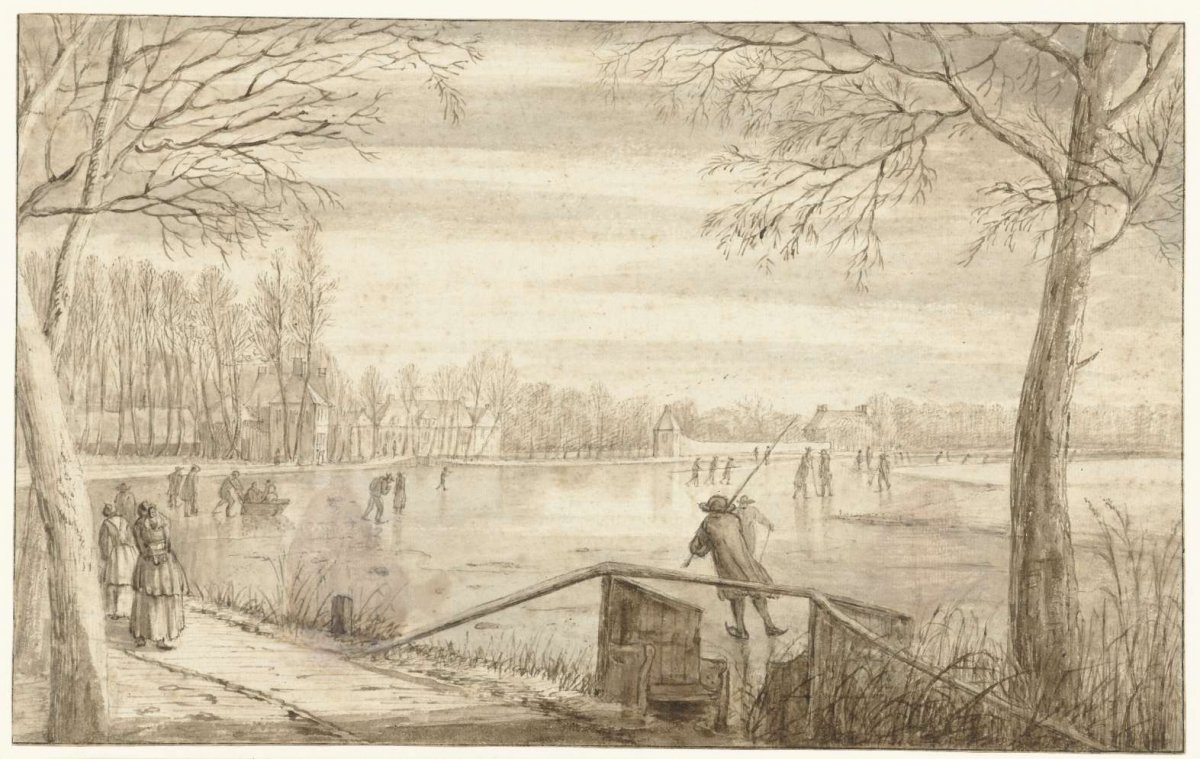 Skaters on the River Vecht, near Maarssen, with the Estates of Daelwijck and Vechthoven in the Distance, Abraham Rutgers, c. 1682 - c. 1699