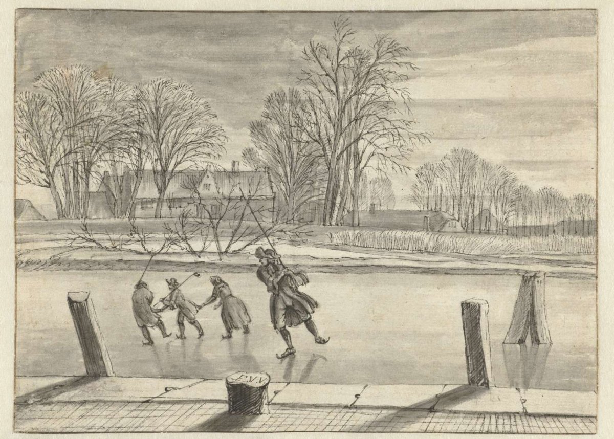 Winter Landscape with Four Skaters, Abraham Rutgers, c. 1650 - c. 1699