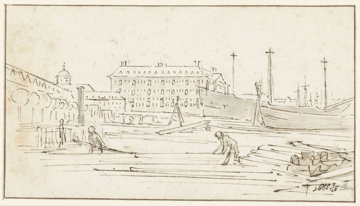 View of the National Sea Arsenal from the North, and a Shipyard in Amsterdam, Jan de Bray, 1666