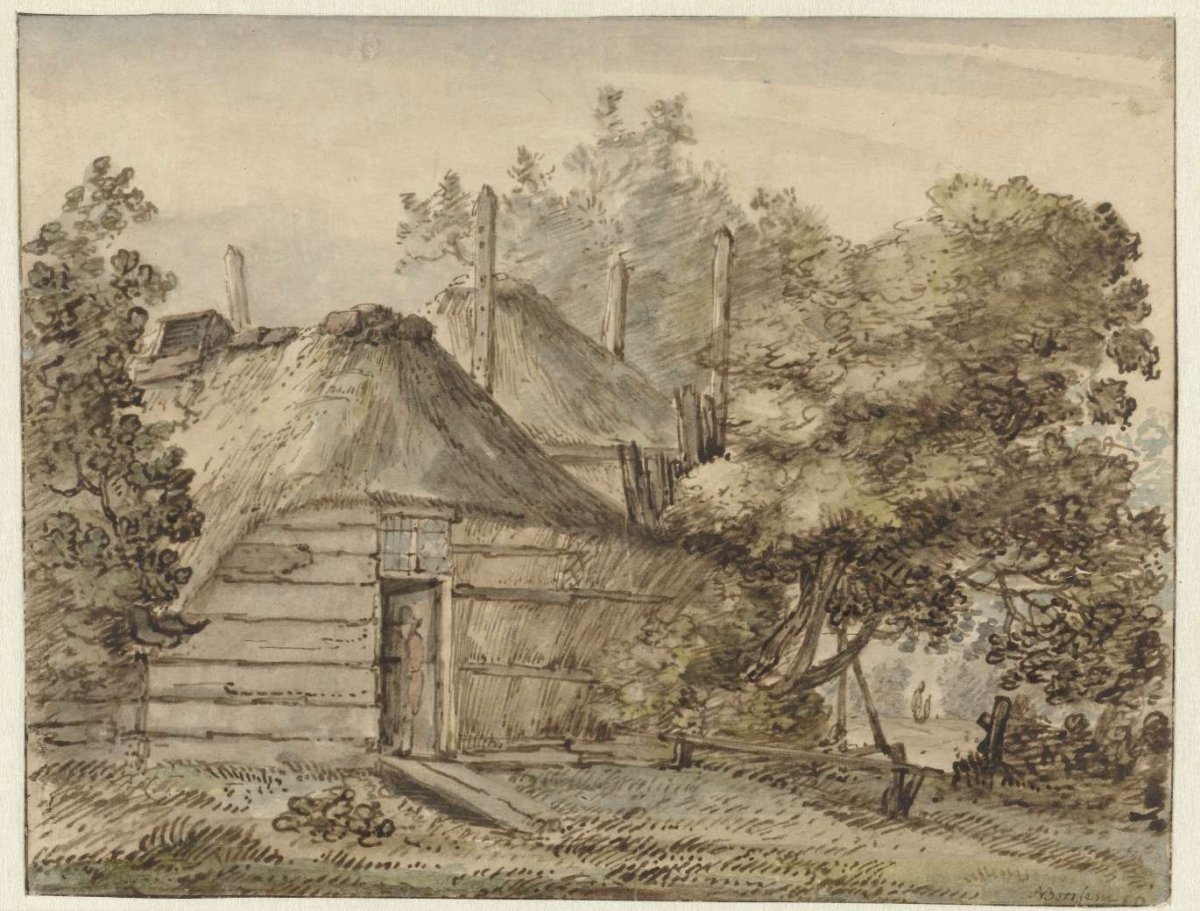 Farmhouse and a haystack among trees, Anthonie van Borssom, 1640 - 1677