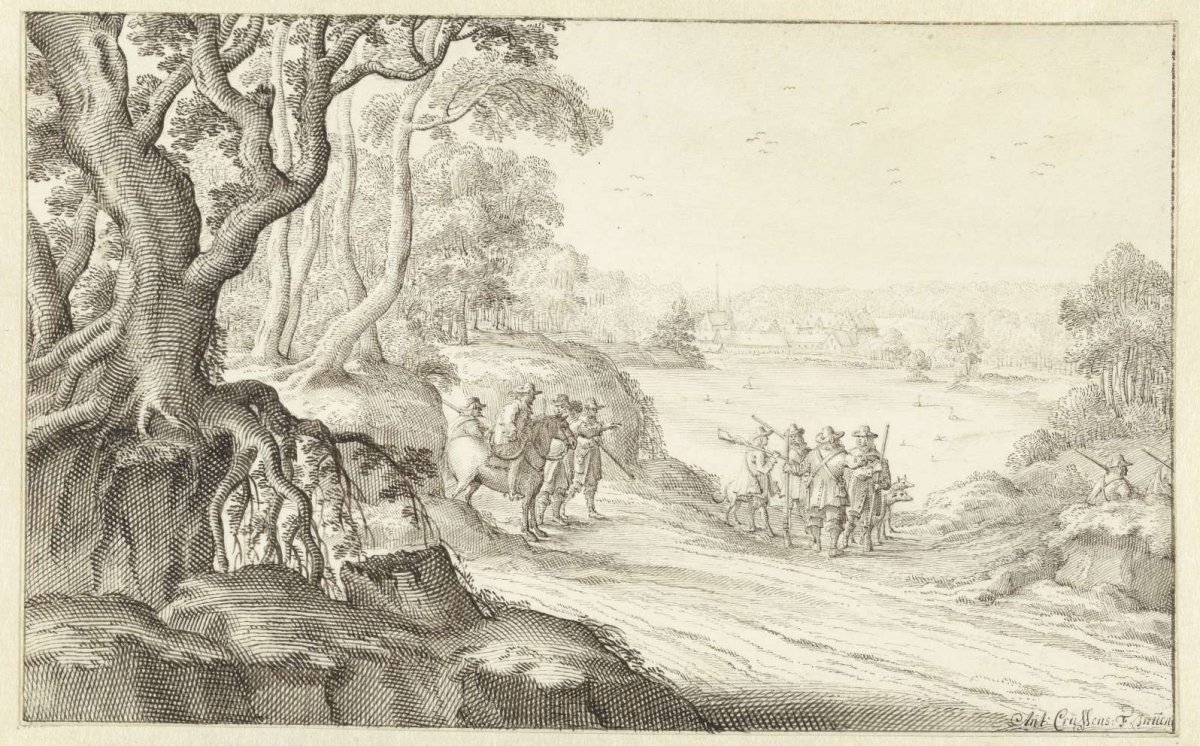 Hunters in a hilly landscape, Anton Crussens, 1630 - 1670