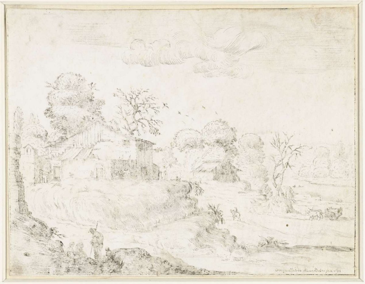 Hilly landscape with a few farms, anonymous, 1600 - 1699