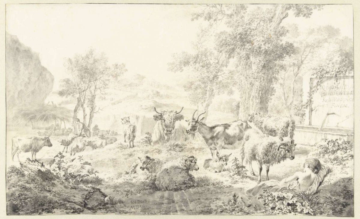 Reclining Shepherdess with a Flock of Sheep and Goats, Simon van der Does, 1700