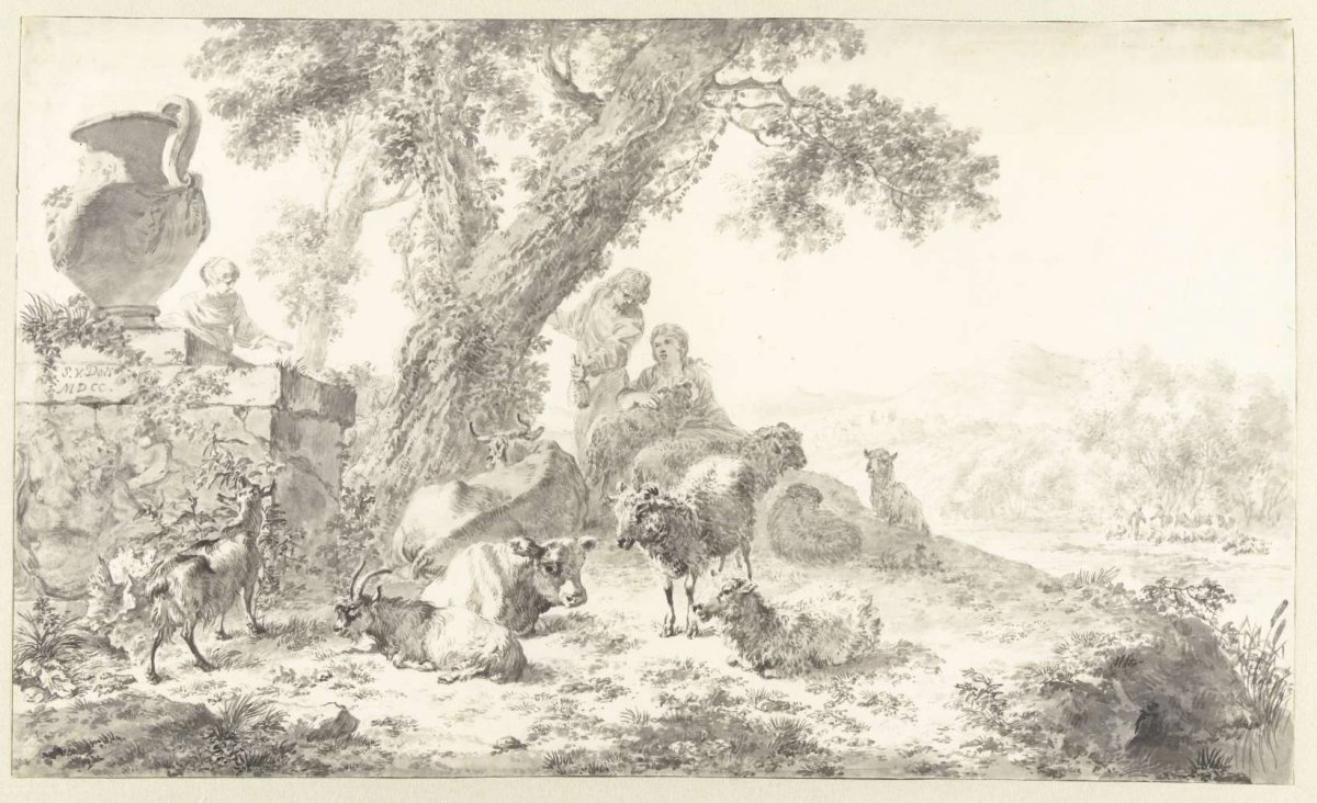 Herders with their Flock under a Tree, Simon van der Does, 1700