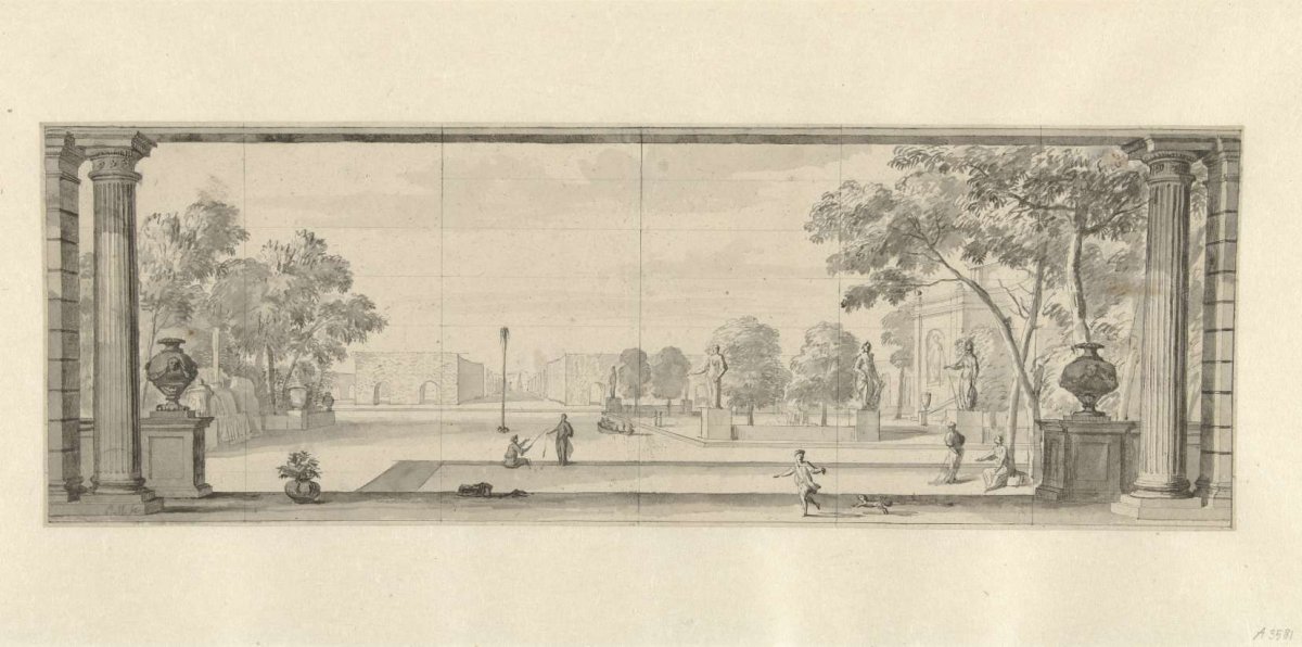 Design for a room wallpaper with face in a park, anonymous, 1700 - 1800
