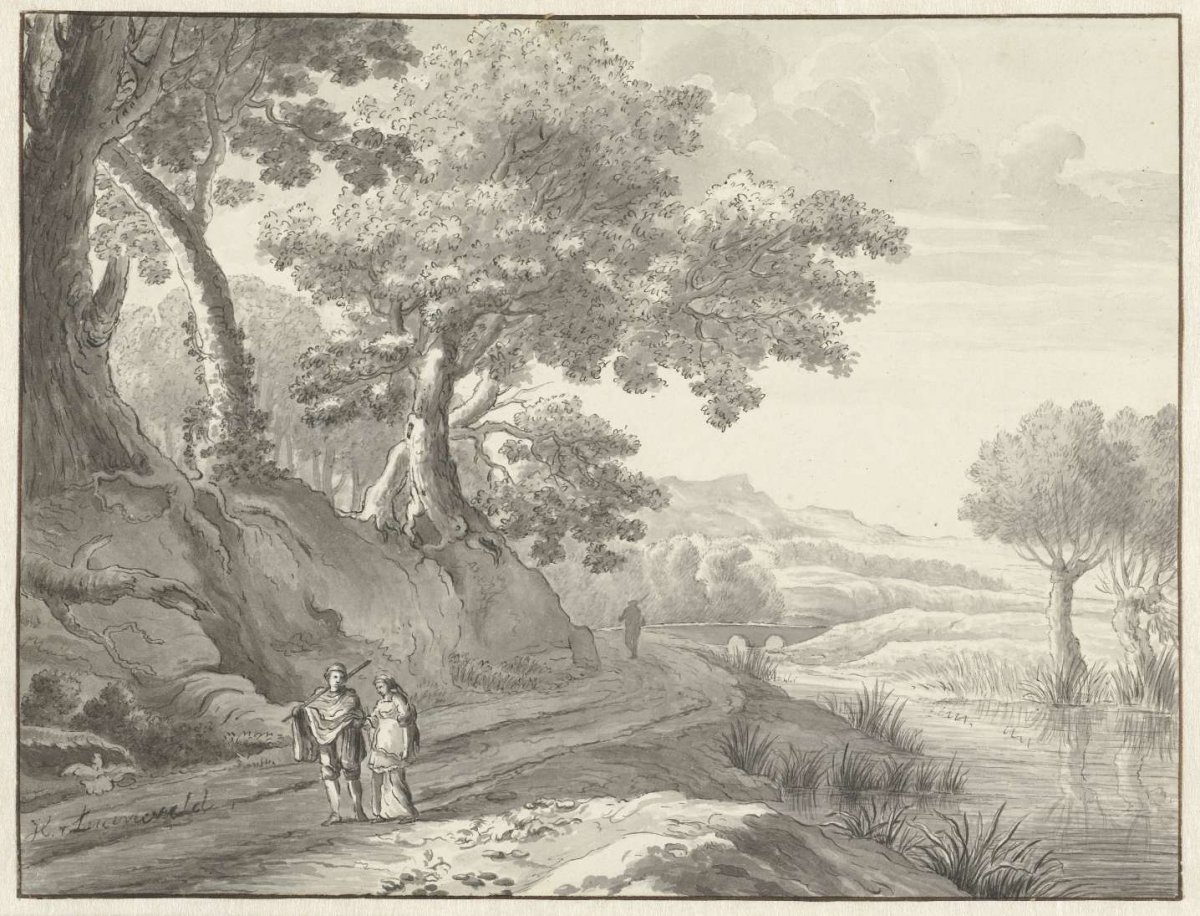 Landscape with hikers on a road along water, anonymous, c. 1610 - c. 1705