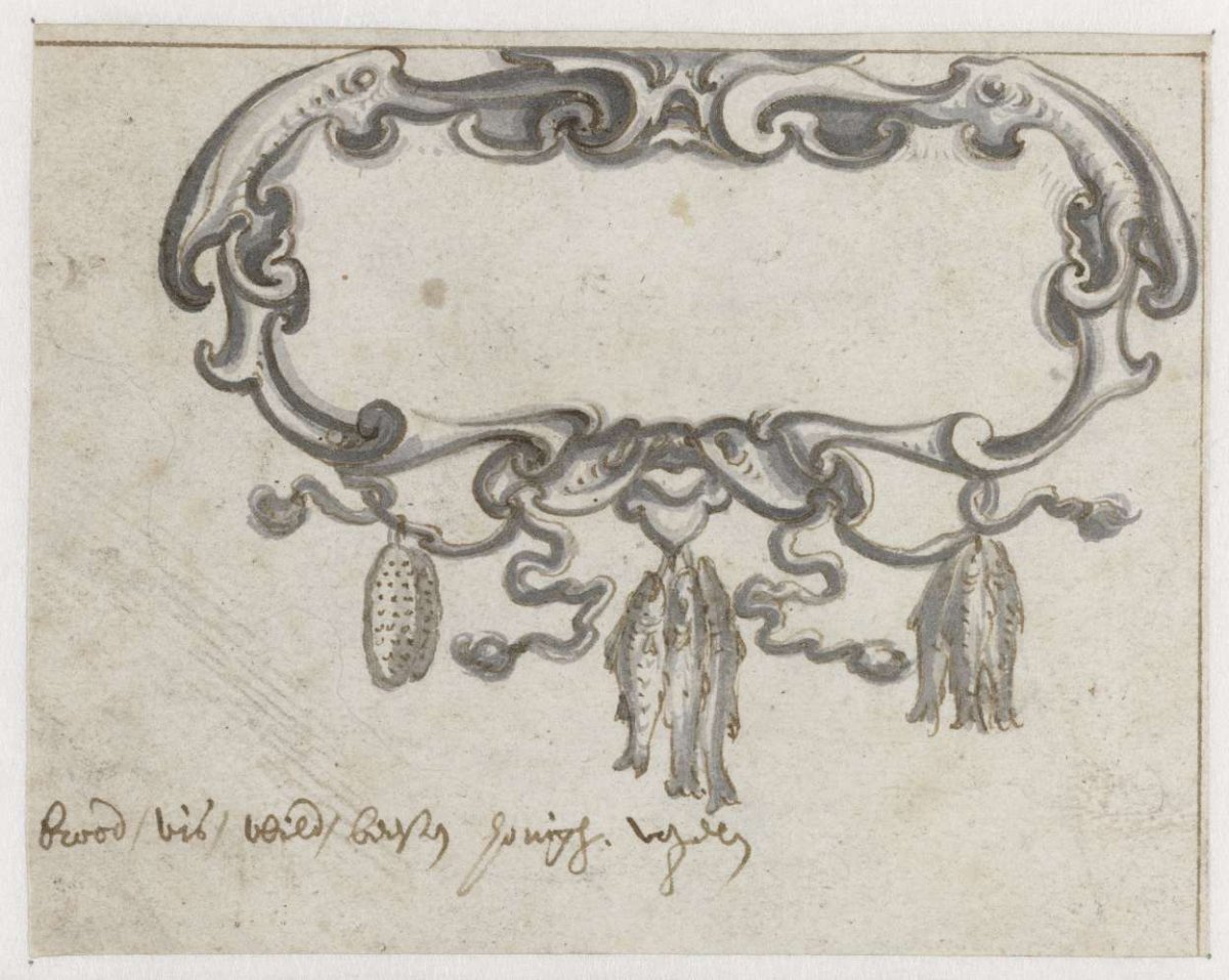 Rectangular cartouche with bread and fish, Pieter Jansz, 1657 - 1662